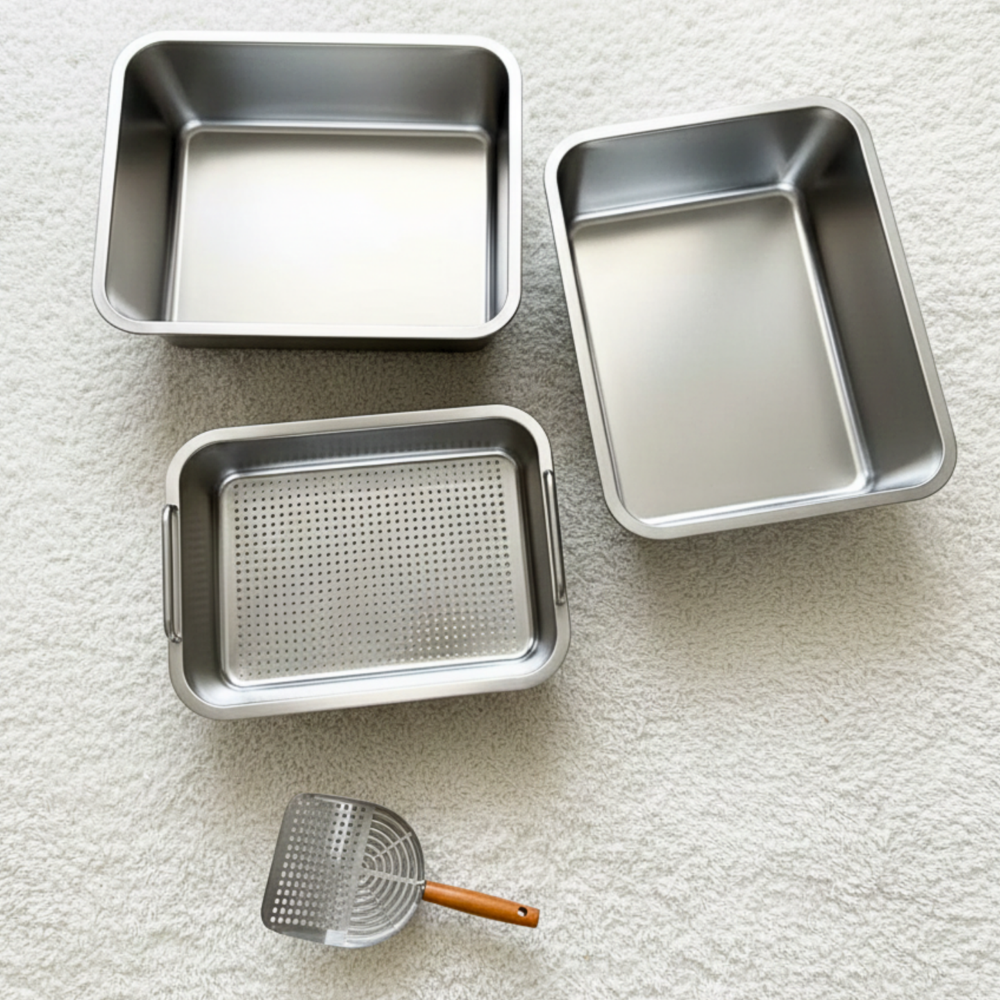 Stainless Steel Cat Litter Box Kit | 4-Piece Set: 2 Trays, Sifting Tray & Scoop| 18×14×6 Inches