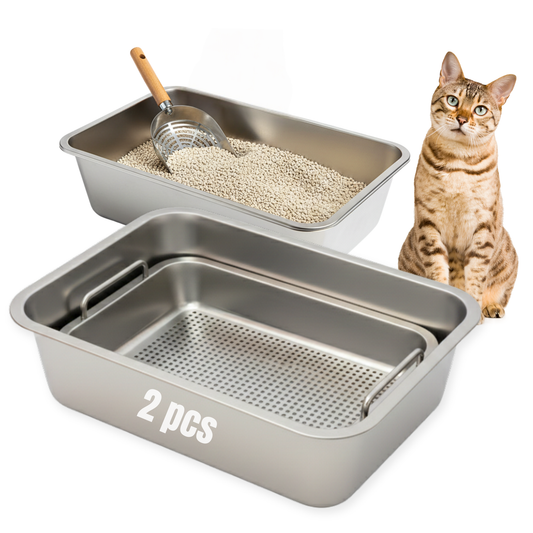 Stainless Steel Cat Litter Box Kit | 4-Piece Set: 2 Trays, Sifting Tray & Scoop| 18×14×6 Inches