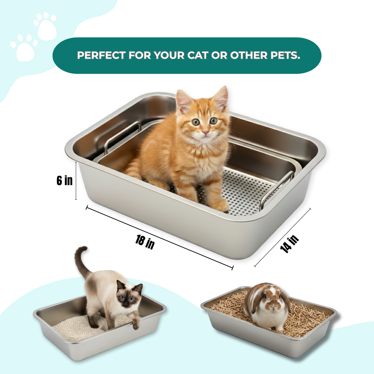 Stainless Steel Cat Litter Box Kit | 4-Piece Set: 2 Trays, Sifting Tray & Scoop| 18×14×6 Inches