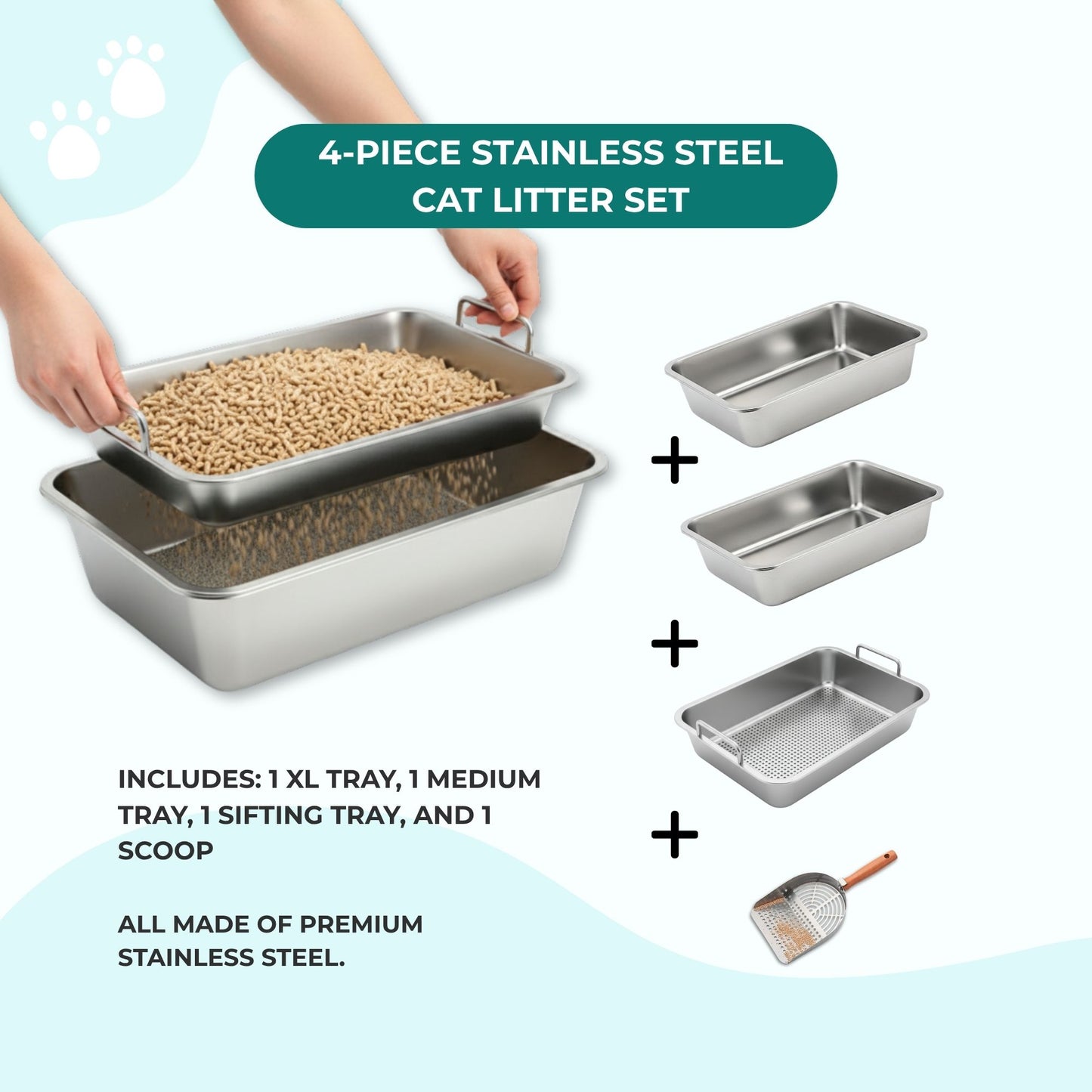Stainless Steel Cat Litter Box Set – 4-Piece Kit with 2 Trays, Sifter & Scoop | Easy to Clean & Odor Resistant