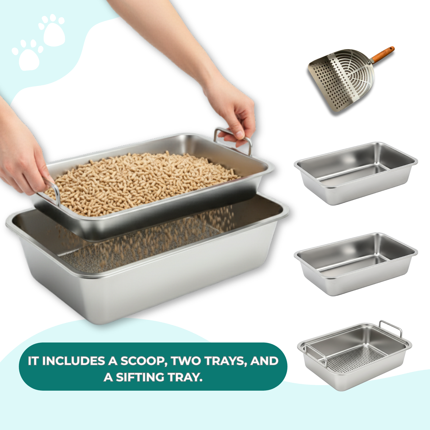 Stainless Steel Cat Litter Box Kit | 4-Piece Set: 2 Trays, Sifting Tray & Scoop| 18×14×6 Inches