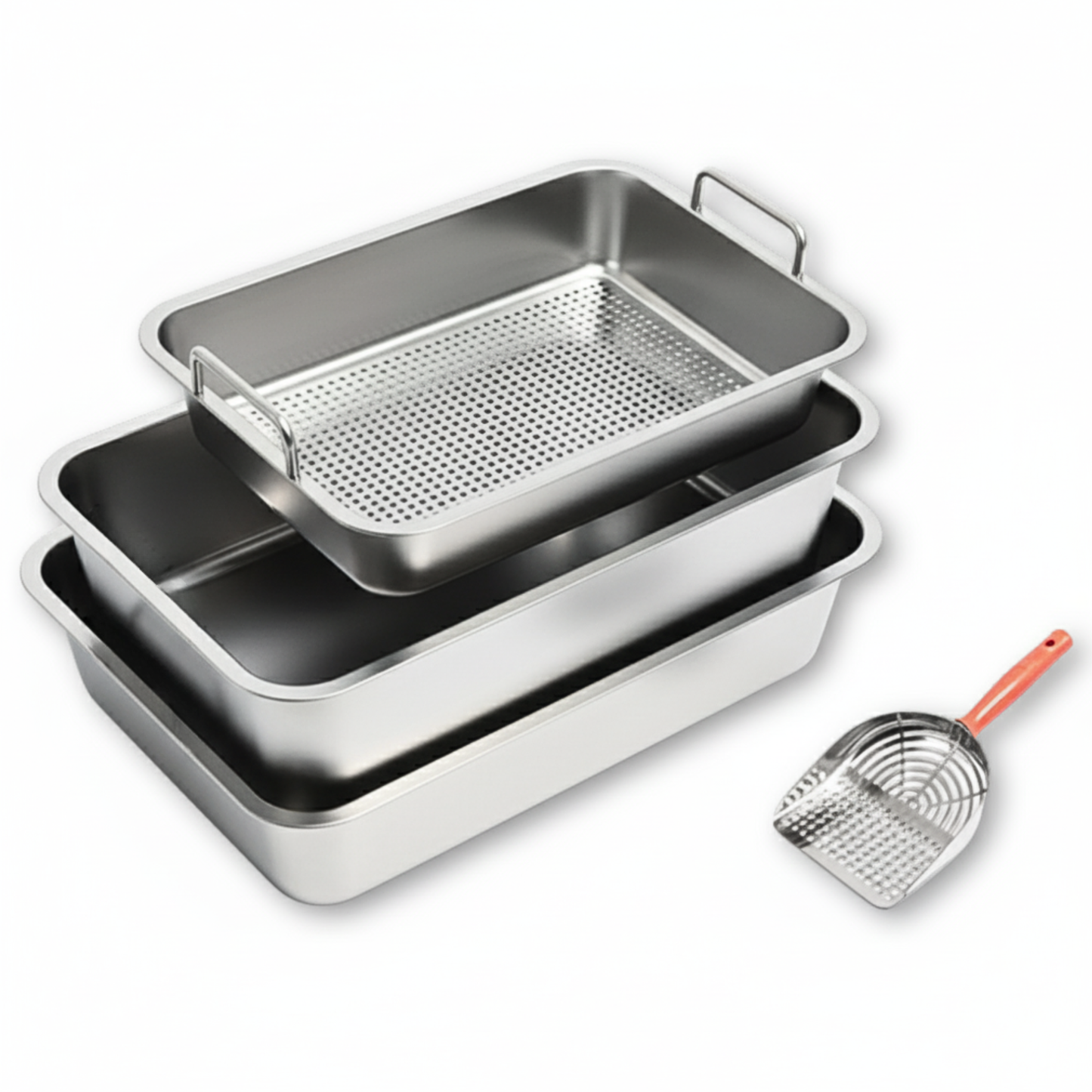 Cat Litter Box Kit | 4-Piece Set: 2 Litter Boxes, 1 Sifter, 1 Scoop| XL Size - 24x16x6 inches