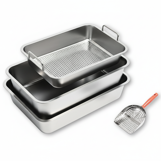 Cat Litter Box Kit | 4-Piece Set: 2 Litter Boxes, 1 Sifter, 1 Scoop| XL Size - 24x16x6 inches