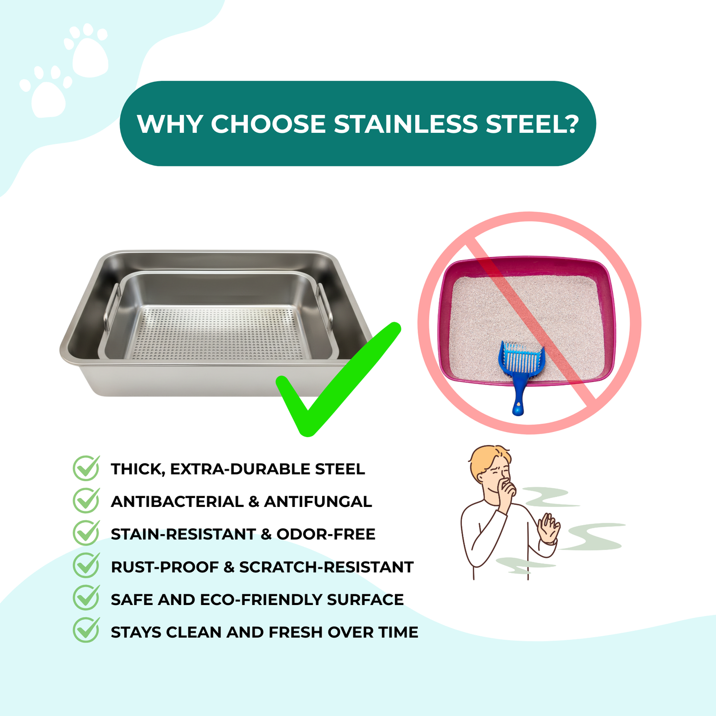 Stainless Steel Cat Litter Box Kit | 4-Piece Set: 2 Trays, Sifting Tray & Scoop| 18×14×6 Inches