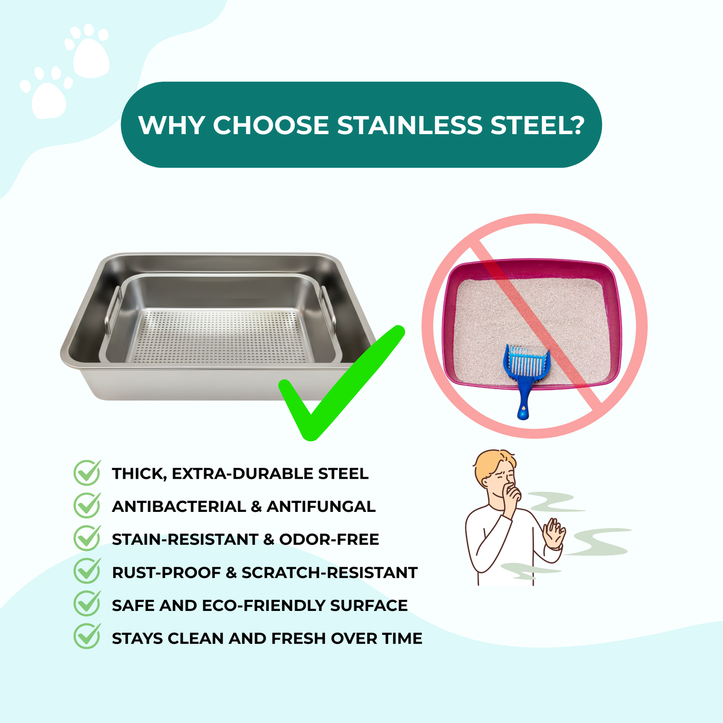 Stainless Steel Cat Litter Tray | Includes Metal Scoop | Hygienic, Durable & Odor-Resistant | 18×14×6 Inches