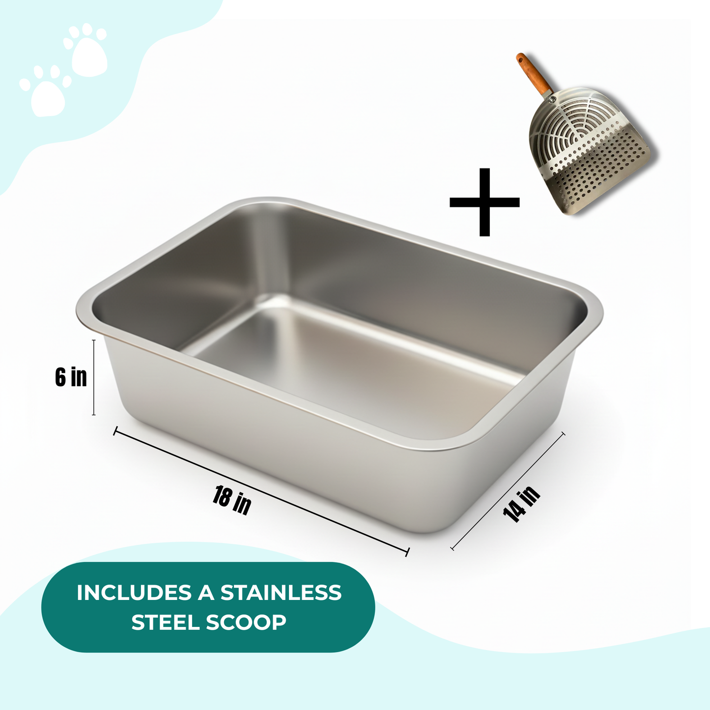Cat Litter Box + Metal Scoop | Medium Size - 18×14×6 Inches